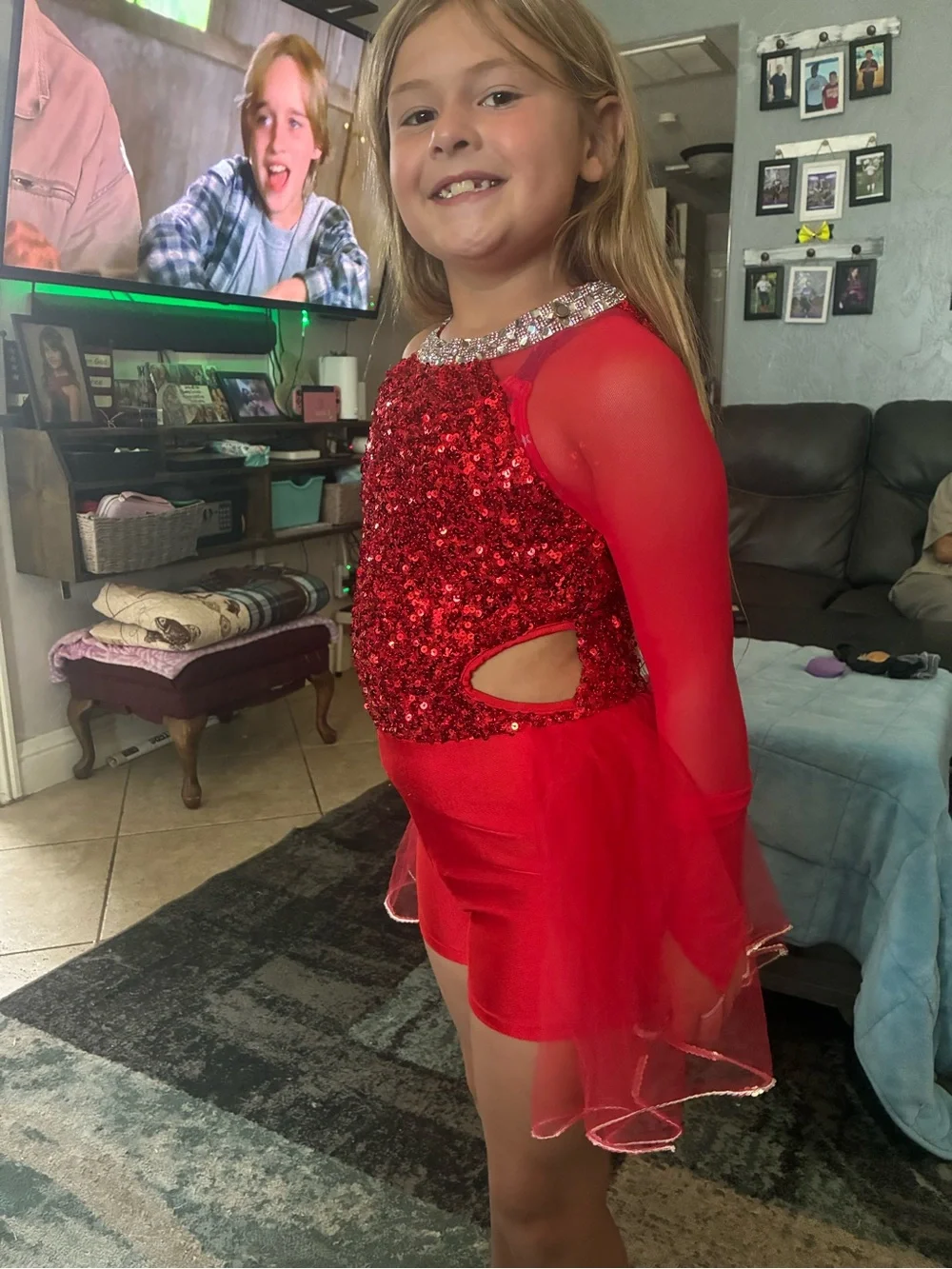 Red Sequin Girls' Dance Costume with Sheer Sleeve
